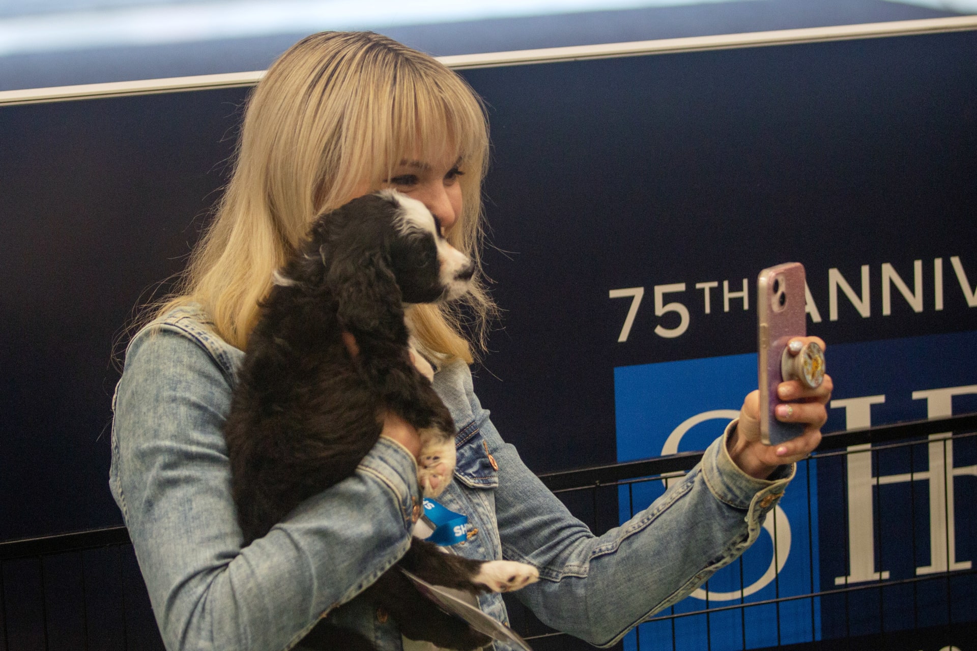 Zeljana Timms, SHRM-SCP, a senior associate at Ironarch Technology LLC, takes a selfie with spaniel puppy Peter Pan. (Mauro Whiteman/SHRM)